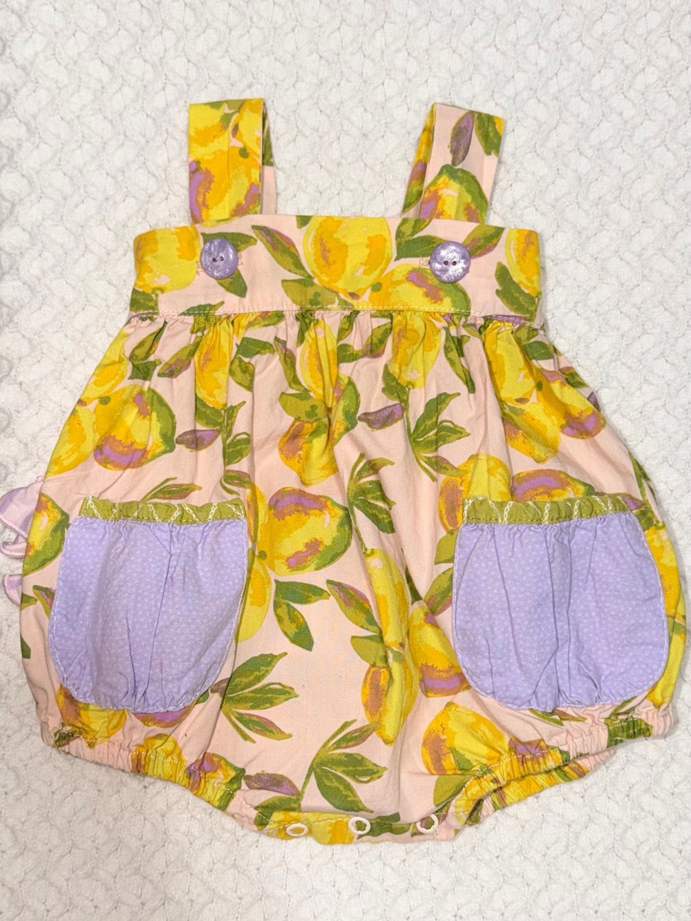 Giggle Moon lemon bubble Romper with Purple Pockets